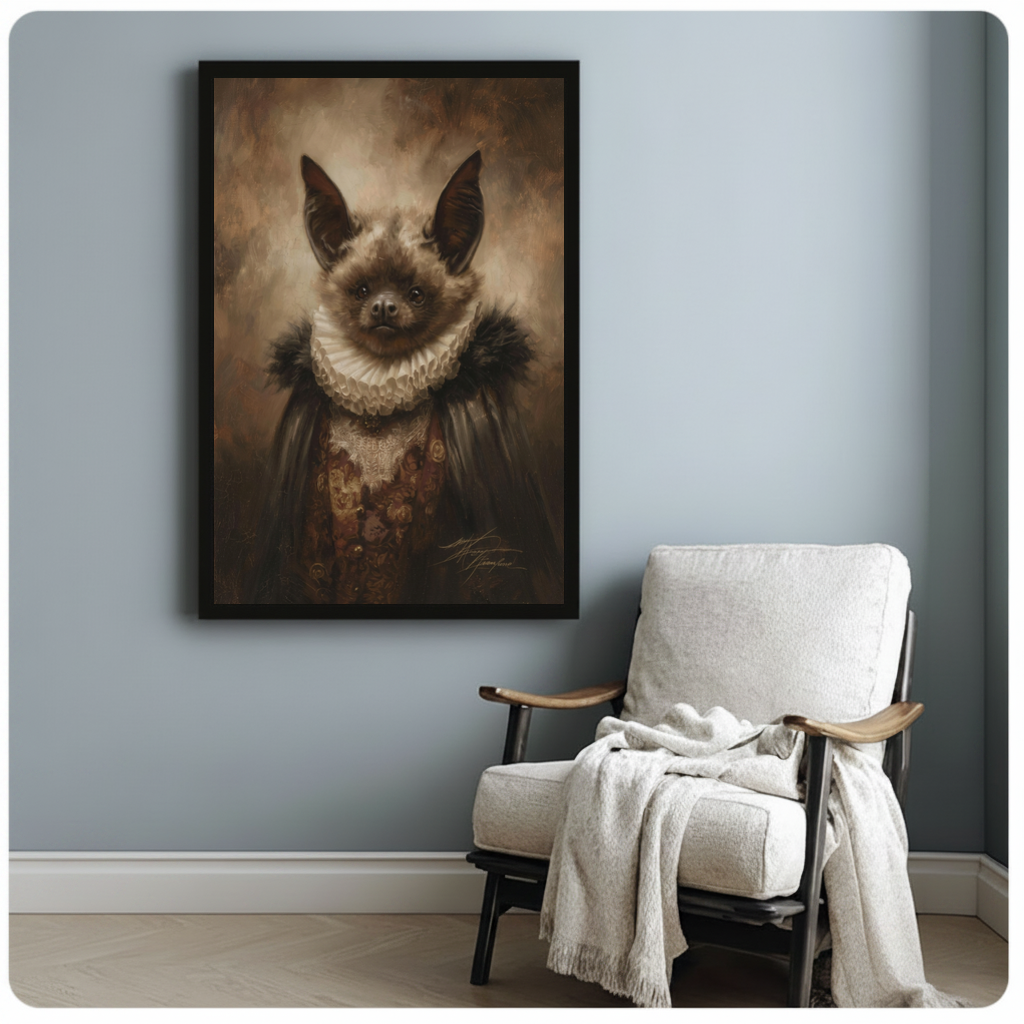 Framed victorian bat portrait canvas beside a pale reading chair on a blue gray wall.