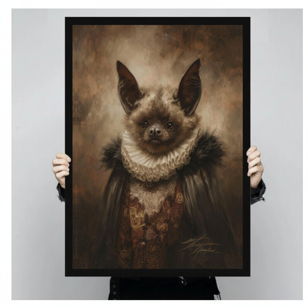 A person holds black framed victorian bat portrait canvas against a light neutral background.