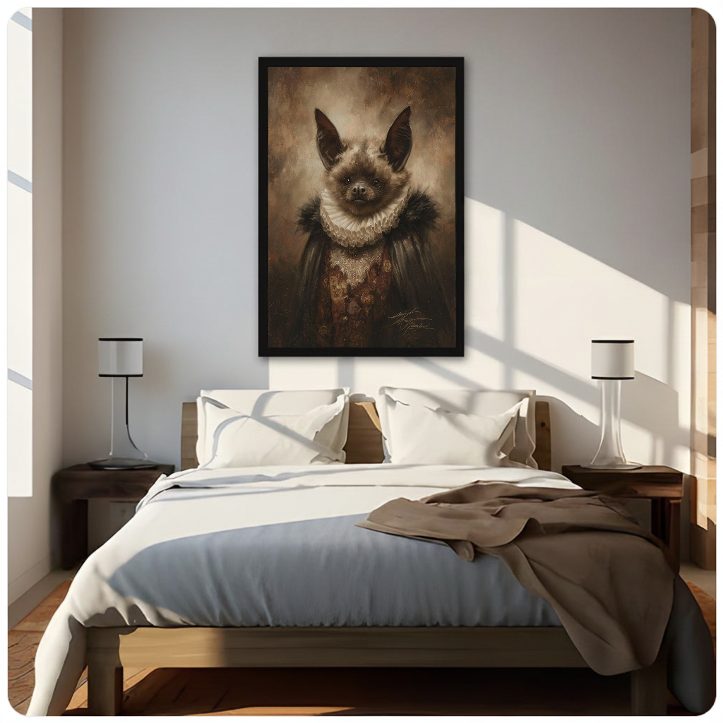 Framed victorian bat portrait canvas above a neutral bed beside soft bedroom lighting and lamps.