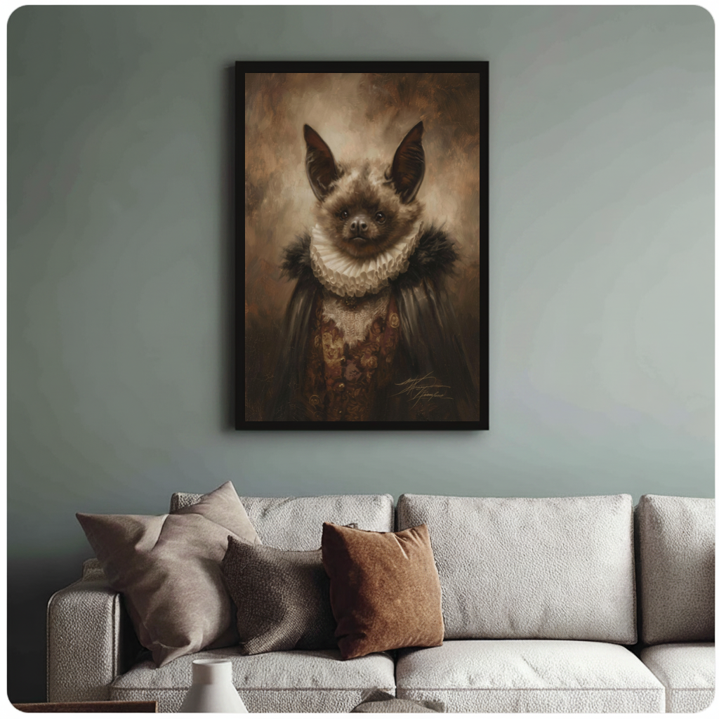 Framed victorian bat portrait canvas above a neutral sofa with cushions against a muted wall.