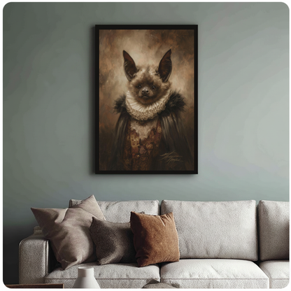 Framed victorian bat portrait canvas above a neutral sofa with cushions against a muted wall.