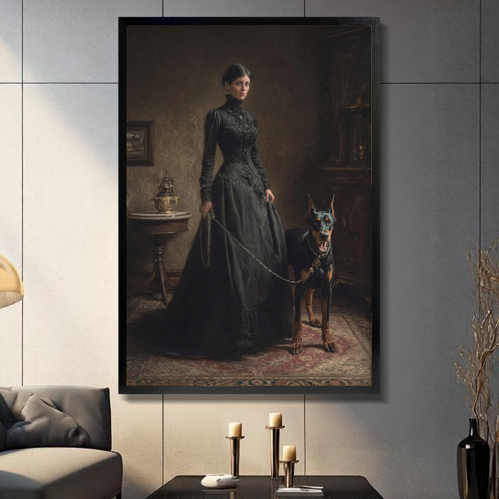 Black framed gothic woman and doberman canvas displayed above a console in the selected room setting.
