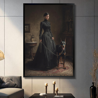 Black framed gothic woman and doberman canvas displayed above a console in the selected room setting.