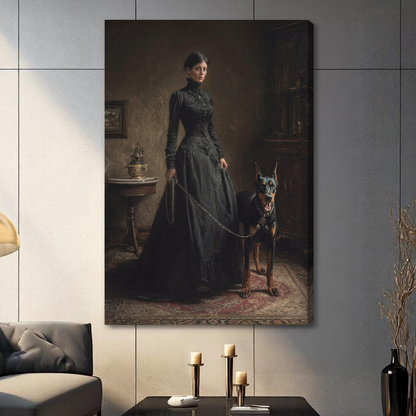 Stretched gothic woman and doberman canvas with a visible wrapped edge in the selected room setting.