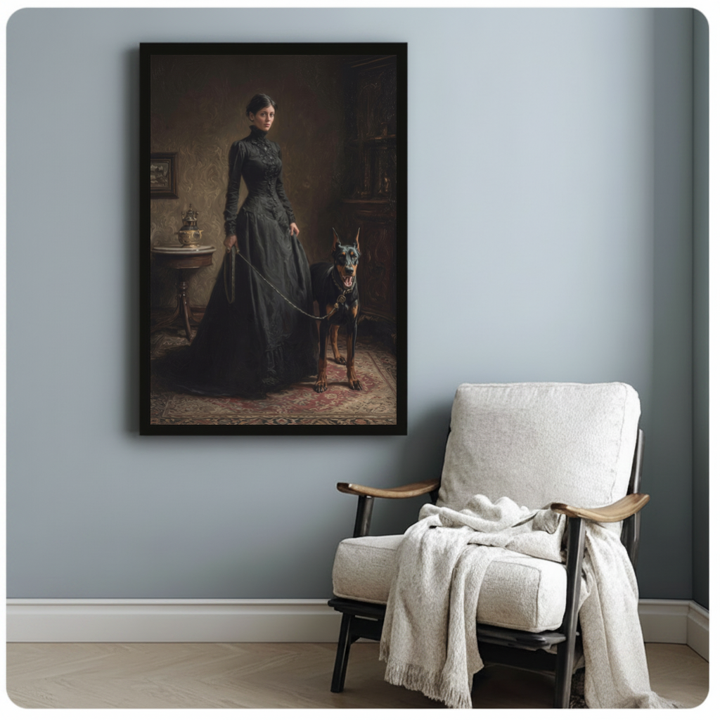 Framed gothic woman and doberman canvas beside a pale reading chair on a blue gray wall.