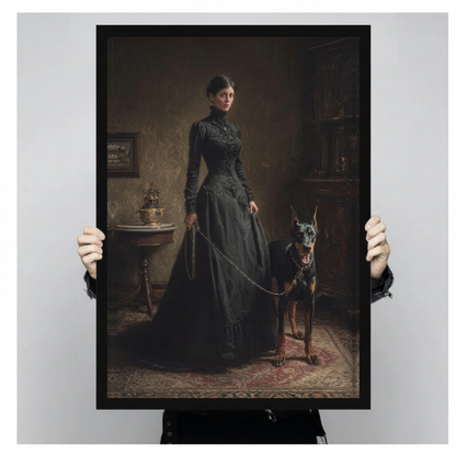 A person holds black framed gothic woman and doberman canvas against a light neutral background.