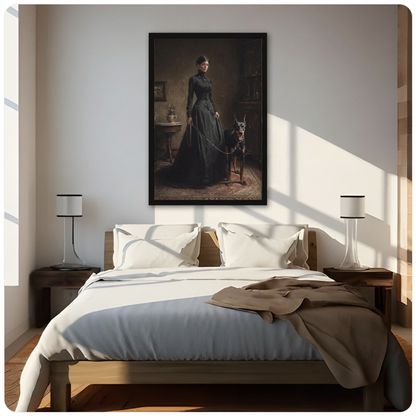 Framed gothic woman and doberman canvas above a neutral bed beside soft bedroom lighting and lamps.