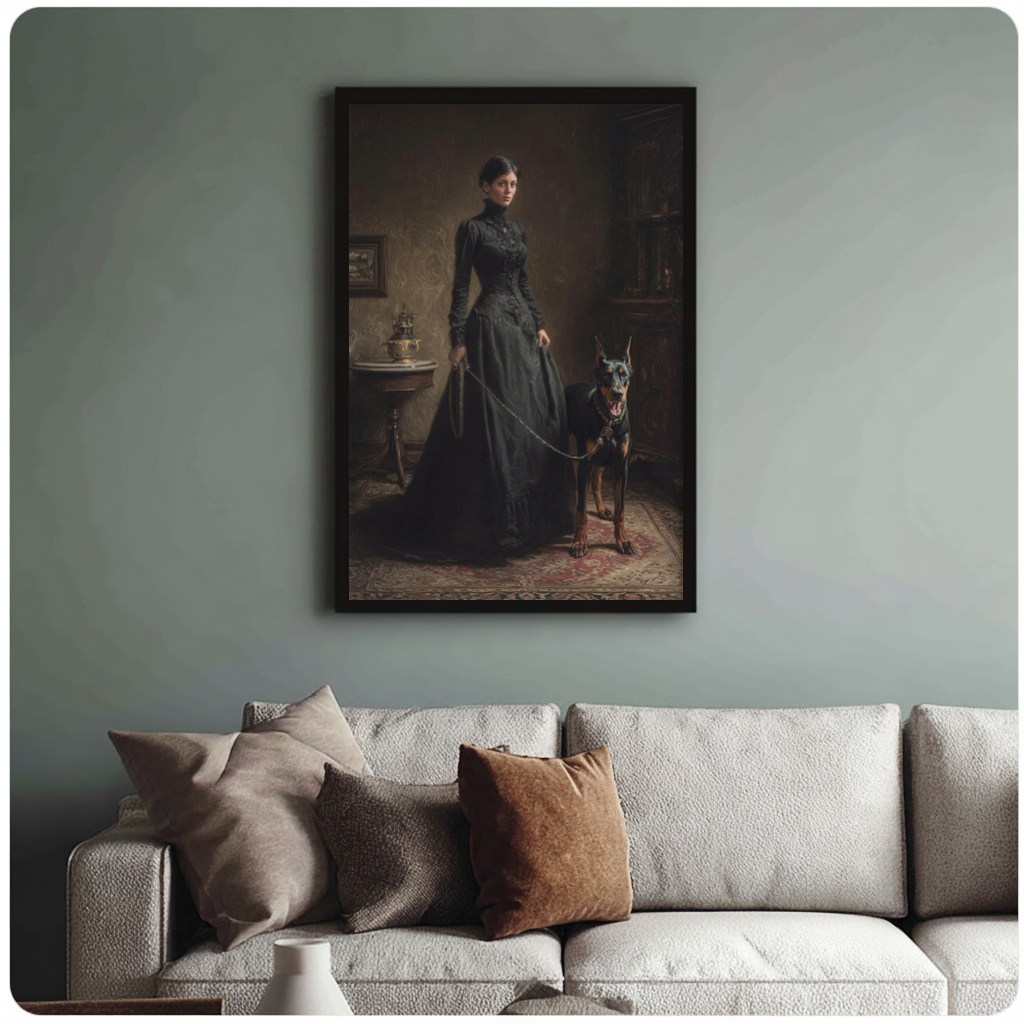 Framed gothic woman and doberman canvas above a neutral sofa with cushions against a muted wall.