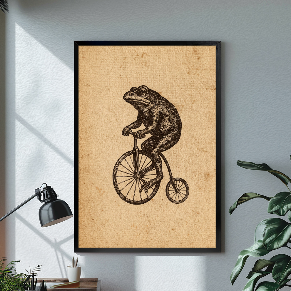 Black framed frog on a penny farthing canvas displayed above a console in the selected room setting.