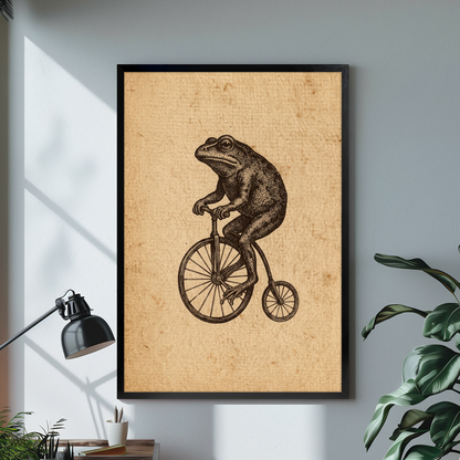 Black framed frog on a penny farthing canvas displayed above a console in the selected room setting.