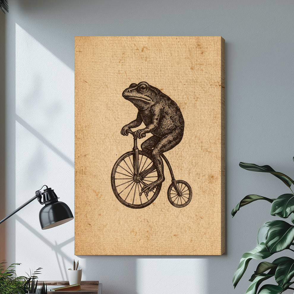 Stretched frog on a penny farthing canvas with a visible wrapped edge in the selected room setting.
