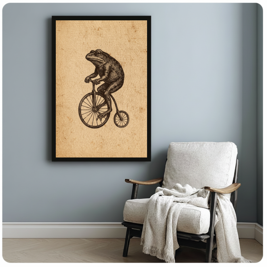 Framed frog on a penny farthing canvas beside a pale reading chair on a blue gray wall.