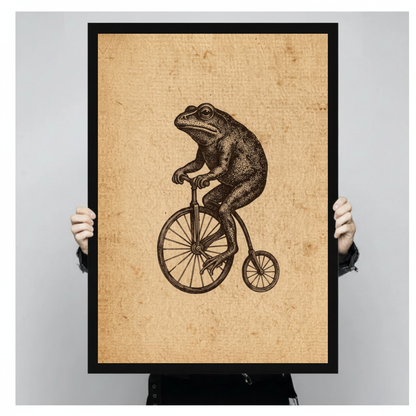 A person holds black framed frog on a penny farthing canvas against a light neutral background.