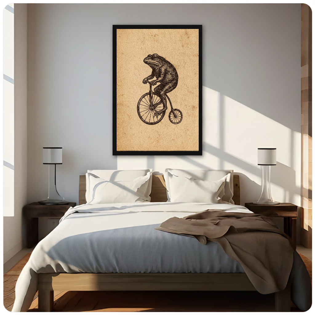 Framed frog on a penny farthing canvas above a neutral bed beside soft bedroom lighting and lamps.