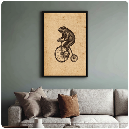 Framed frog on a penny farthing canvas above a neutral sofa with cushions against a muted wall.