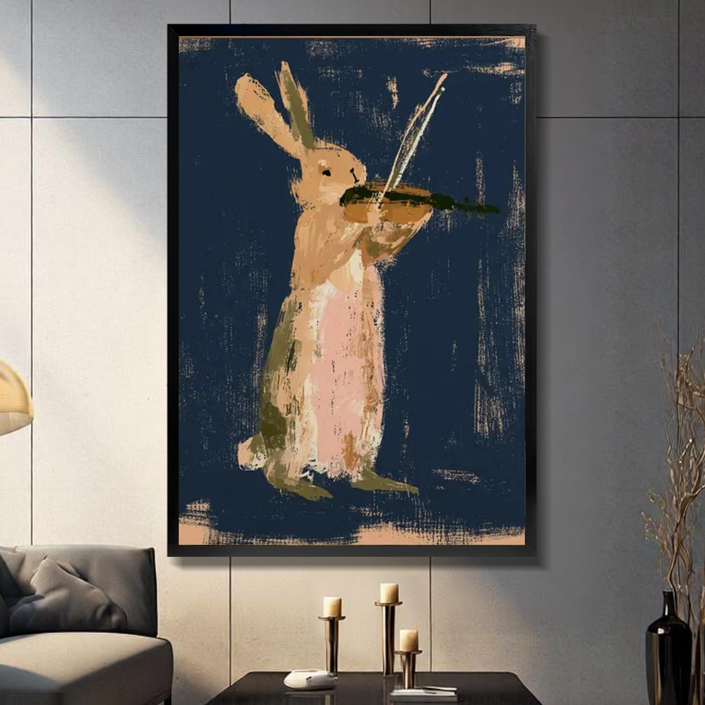 Black framed rabbit playing violin canvas displayed above a console in the selected room setting.