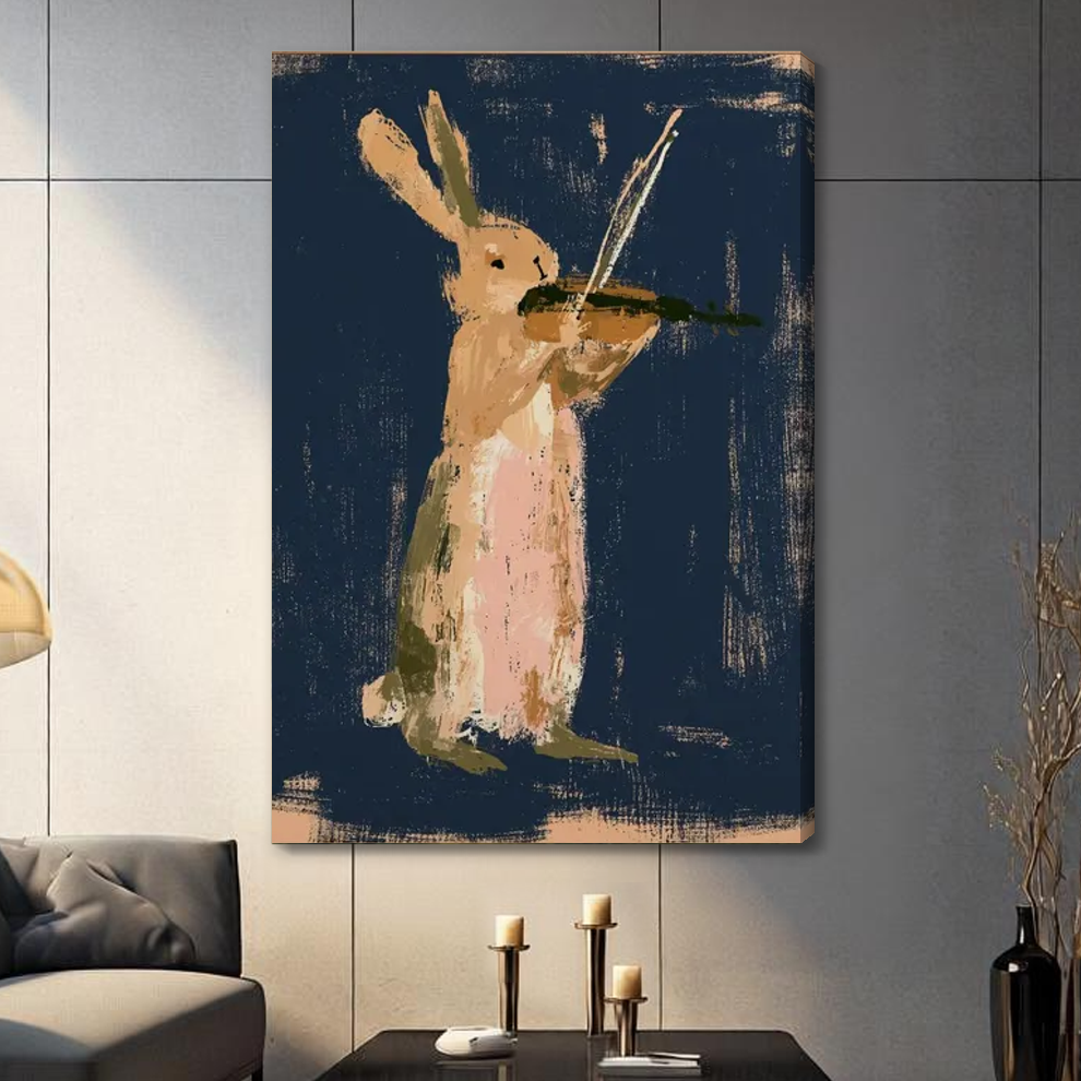 Stretched rabbit playing violin canvas with a visible wrapped edge in the selected room setting.