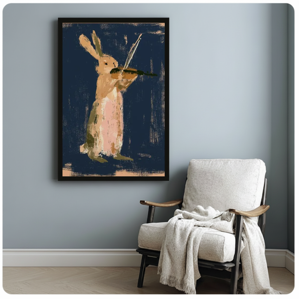 Framed rabbit playing violin canvas beside a pale reading chair on a blue gray wall.