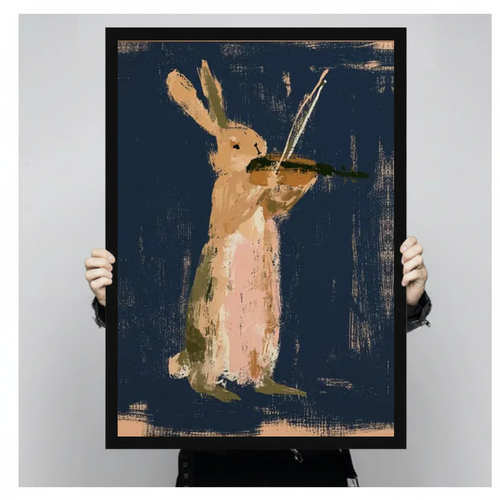 A person holds black framed rabbit playing violin canvas against a light neutral background.