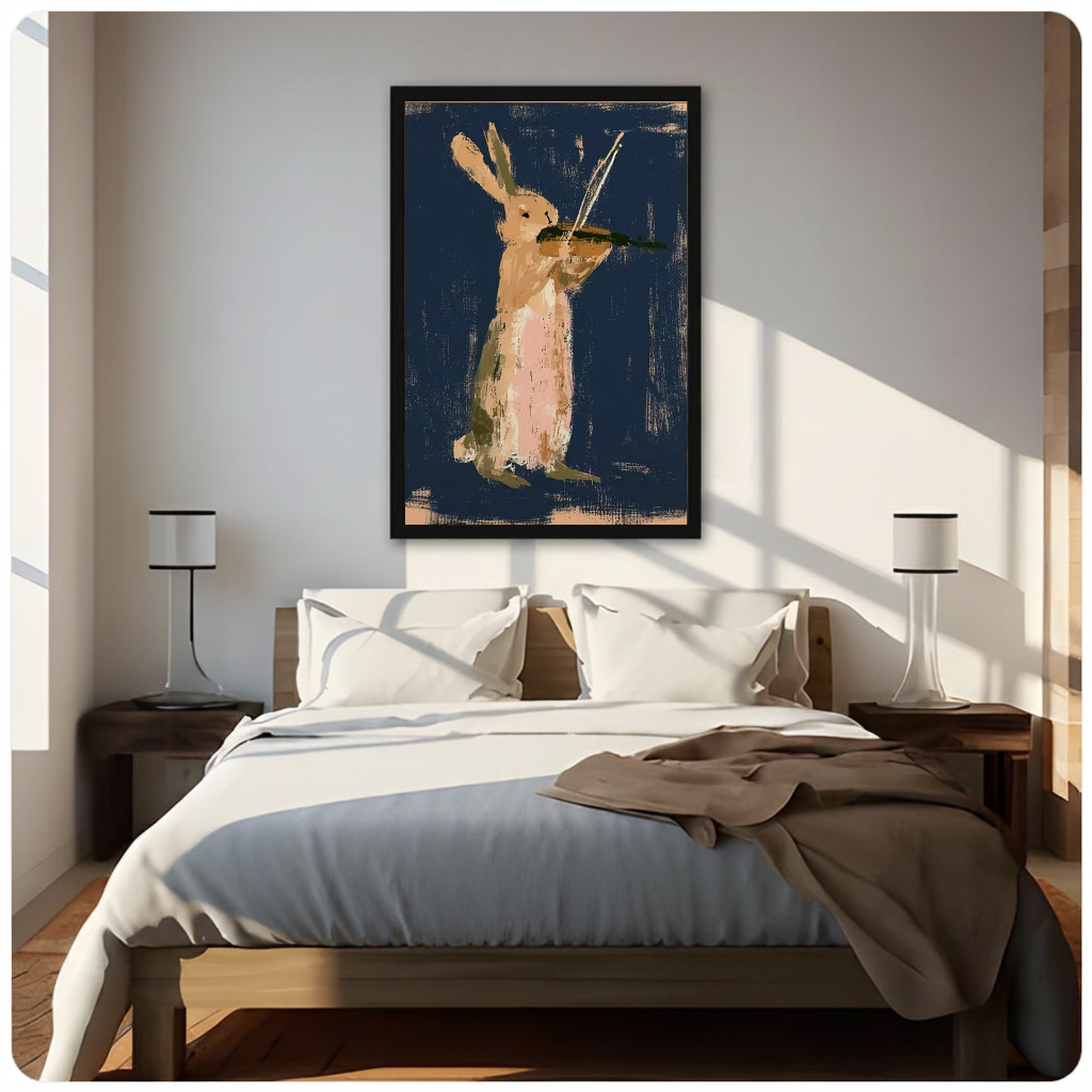 Framed rabbit playing violin canvas above a neutral bed beside soft bedroom lighting and lamps.