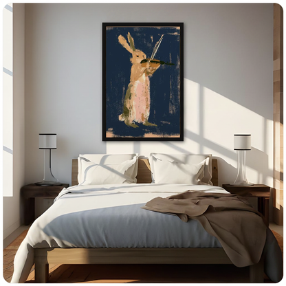 Framed rabbit playing violin canvas above a neutral bed beside soft bedroom lighting and lamps.