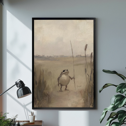 Black framed quiet pond frog canvas displayed above a console in the selected room setting.