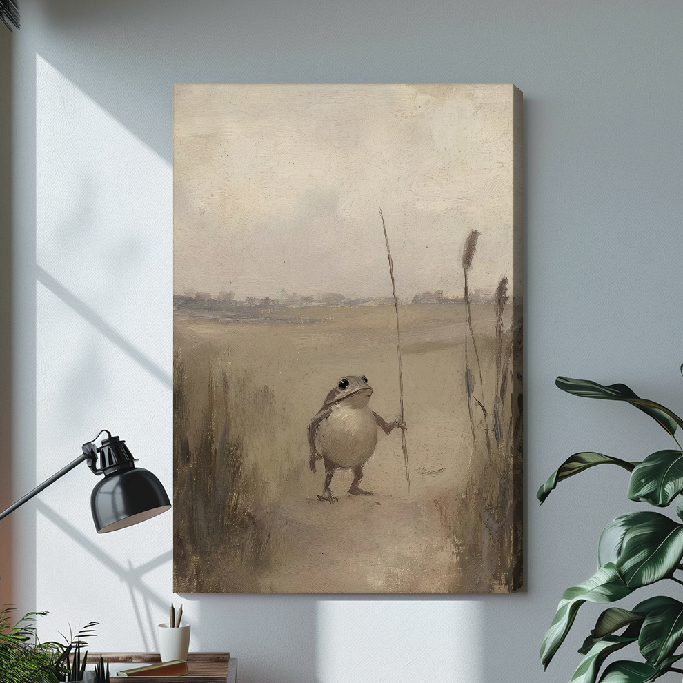 Stretched quiet pond frog canvas with a visible wrapped edge in the selected room setting.