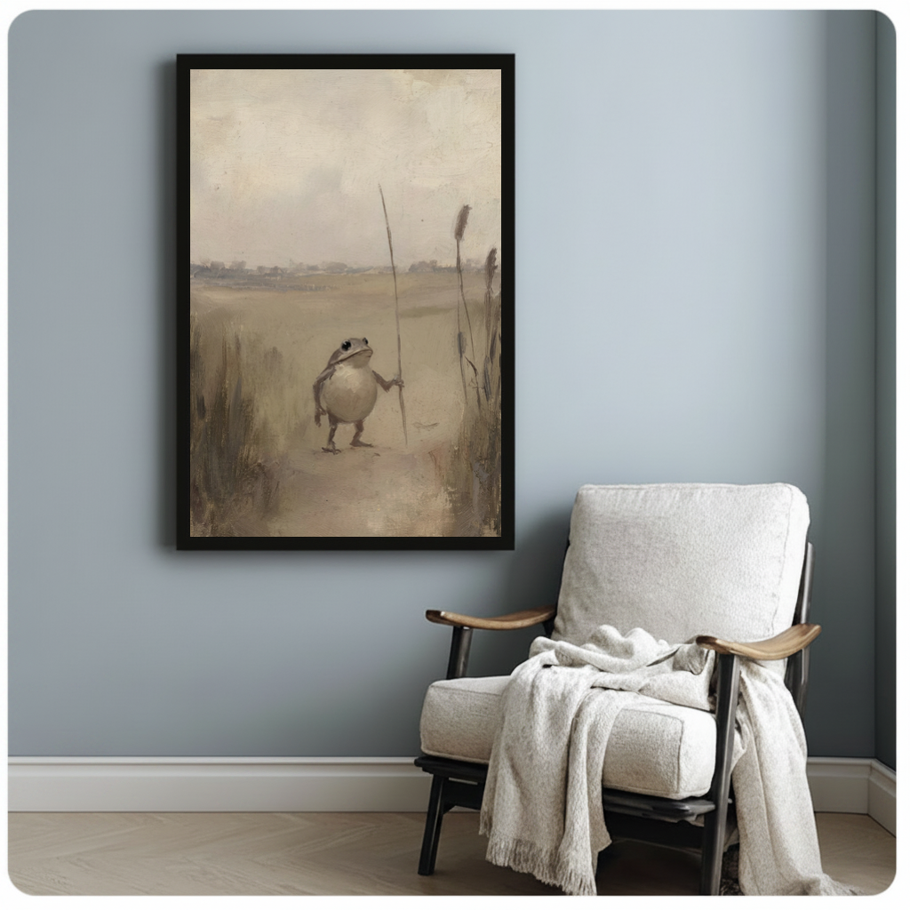 Framed quiet pond frog canvas beside a pale reading chair on a blue gray wall.