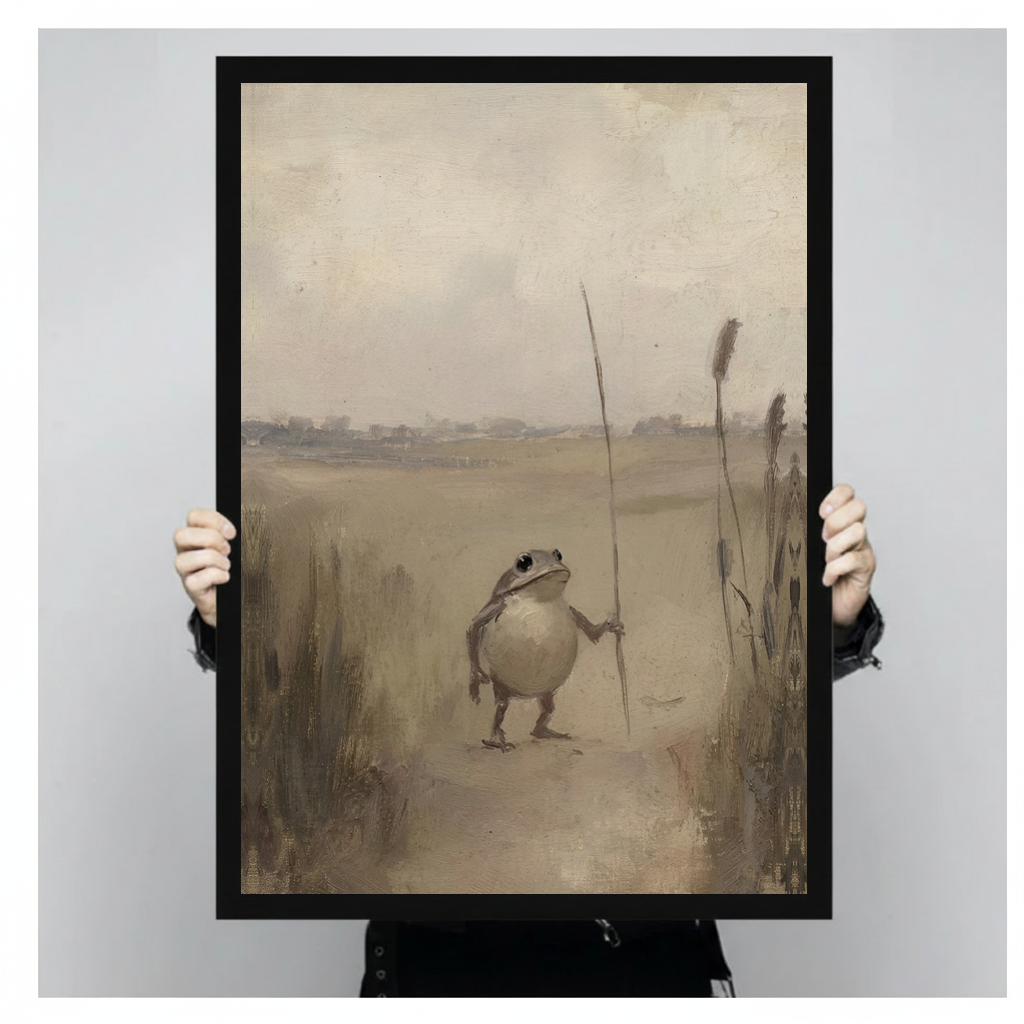 A person holds black framed quiet pond frog canvas against a light neutral background.