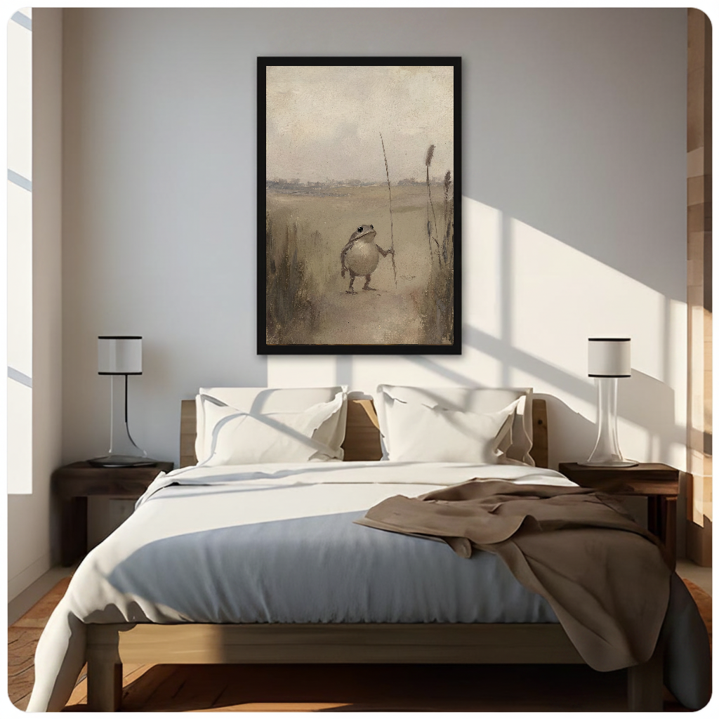 Framed quiet pond frog canvas above a neutral bed beside soft bedroom lighting and lamps.