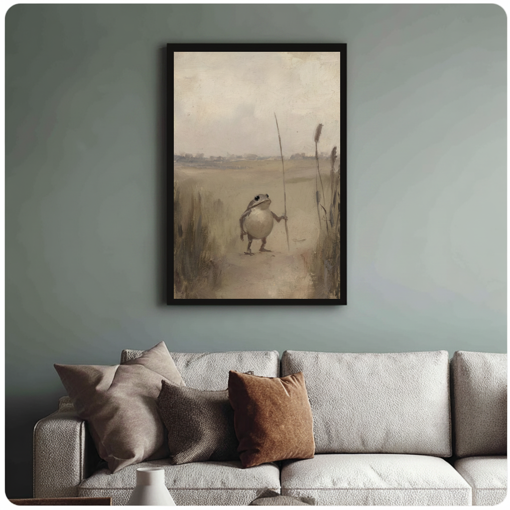 Framed quiet pond frog canvas above a neutral sofa with cushions against a muted wall.