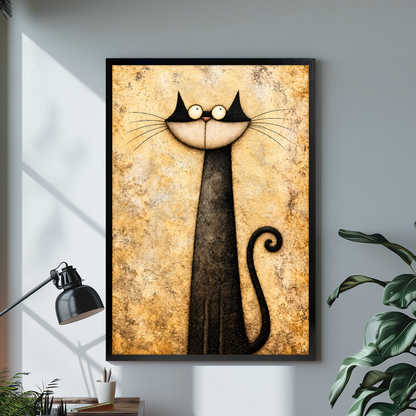 Black framed long neck whimsical cat canvas displayed above a console in the selected room setting.