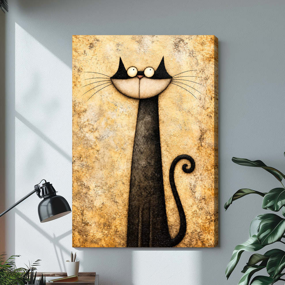 Stretched long neck whimsical cat canvas with a visible wrapped edge in the selected room setting.