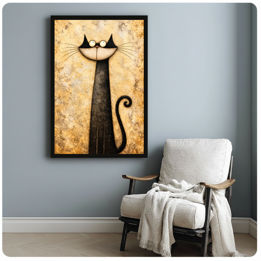 Framed long neck whimsical cat canvas beside a pale reading chair on a blue gray wall.