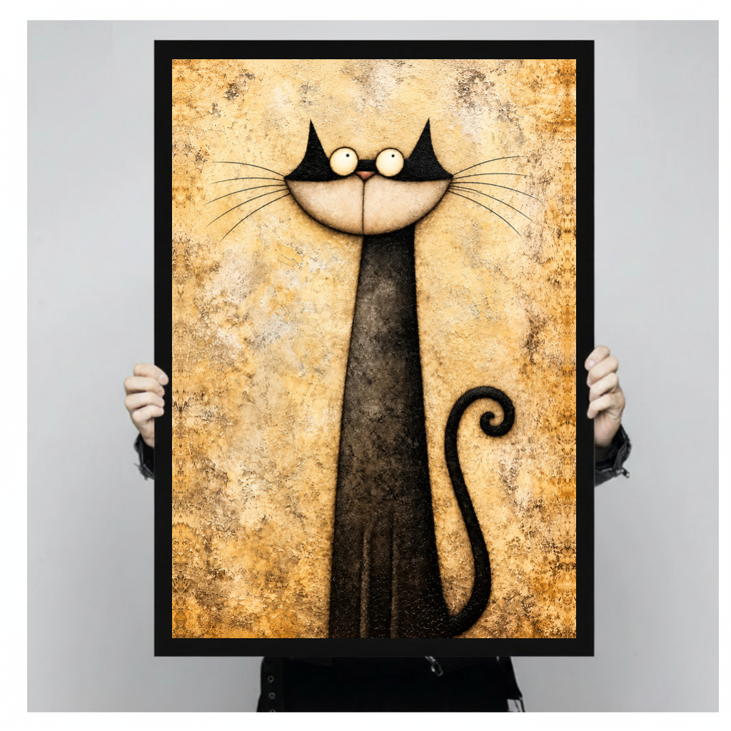 A person holds black framed long neck whimsical cat canvas against a light neutral background.