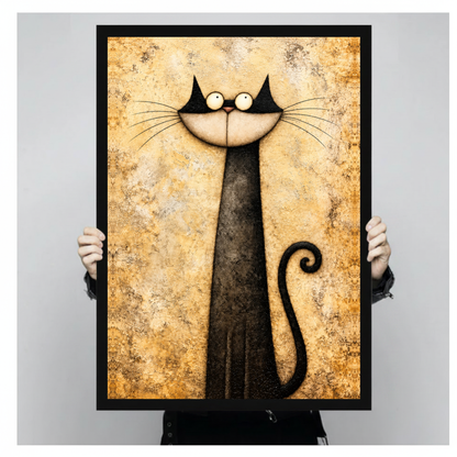 A person holds black framed long neck whimsical cat canvas against a light neutral background.