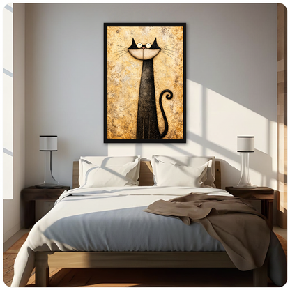 Framed long neck whimsical cat canvas above a neutral bed beside soft bedroom lighting and lamps.