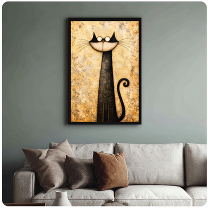 Framed long neck whimsical cat canvas above a neutral sofa with cushions against a muted wall.