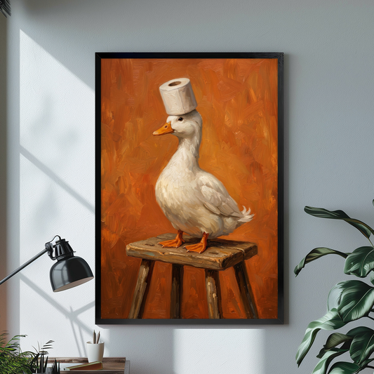 Black framed toilet roll duck canvas on a pale wall above a desk and plant.
