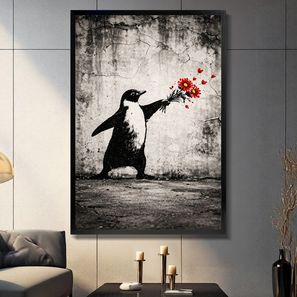 Black framed penguin offering flowers canvas displayed above a console in the selected room setting.