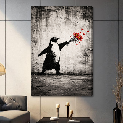 Stretched penguin offering flowers canvas with a visible wrapped edge in the selected room setting.