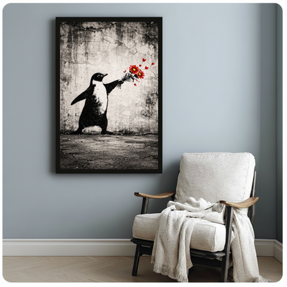 Framed penguin offering flowers canvas beside a pale reading chair on a blue gray wall.