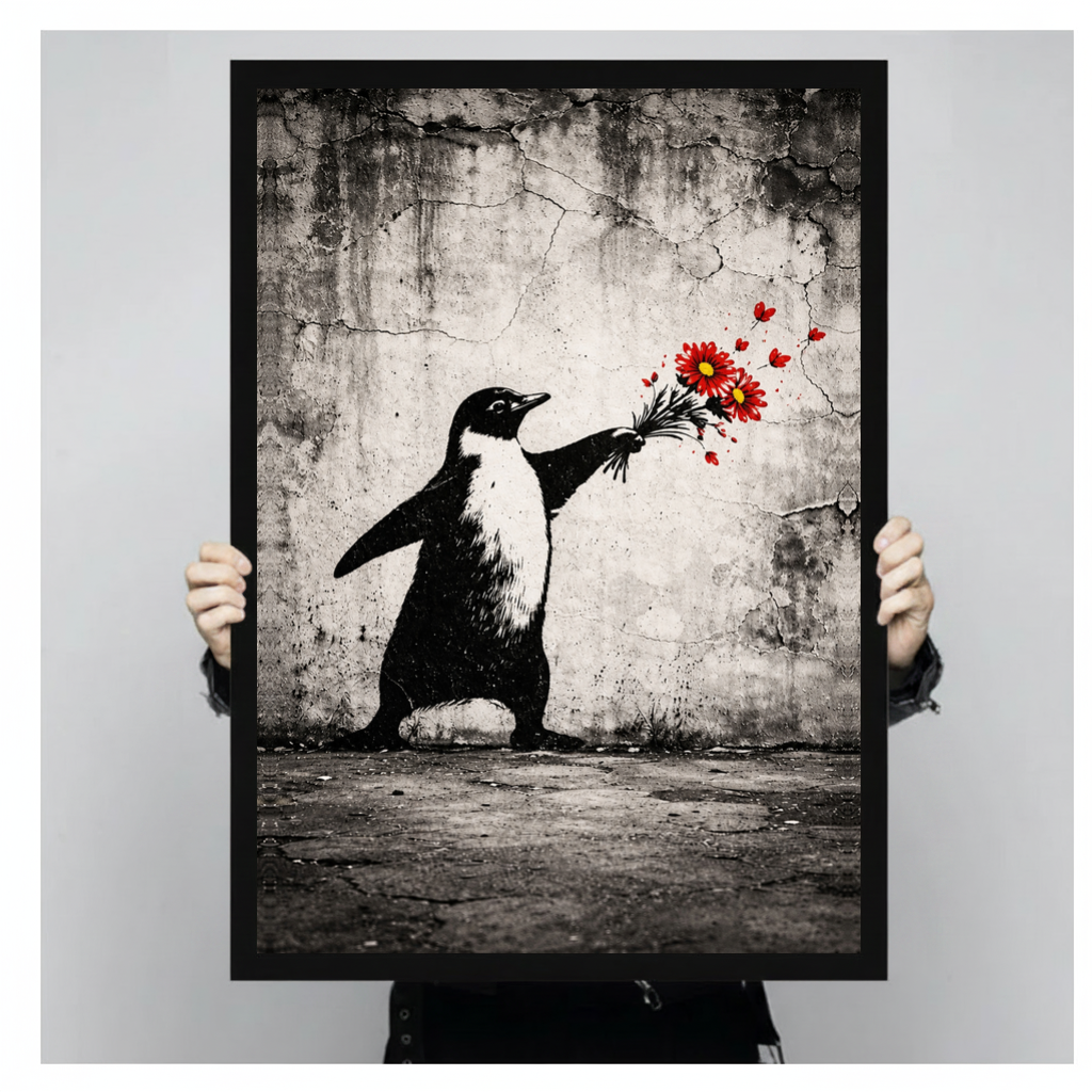 A person holds black framed penguin offering flowers canvas against a light neutral background.