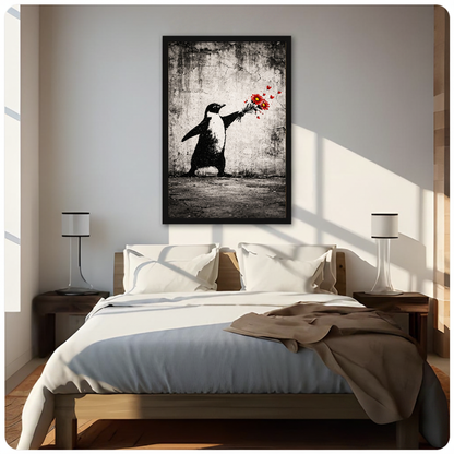 Framed penguin offering flowers canvas above a neutral bed beside soft bedroom lighting and lamps.