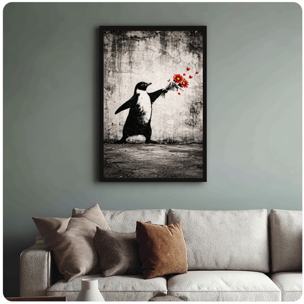 Framed penguin offering flowers canvas above a neutral sofa with cushions against a muted wall.