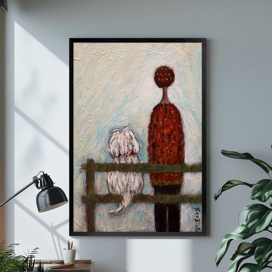Black framed benchside red scarf companions canvas displayed above a console in the selected room setting.