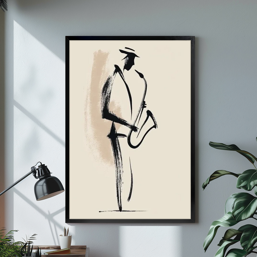 Black framed minimal saxophone player canvas displayed above a console in the selected room setting.