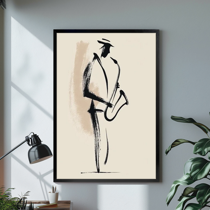 Black framed minimal saxophone player canvas displayed above a console in the selected room setting.