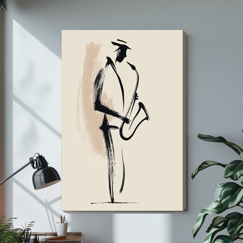 Stretched minimal saxophone player canvas with a visible wrapped edge in the selected room setting.