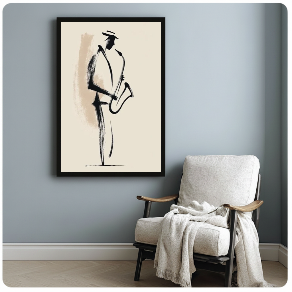 Framed minimal saxophone player canvas beside a pale reading chair on a blue gray wall.